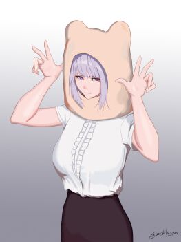 1girl alternate_costume animal_hat breasts girls&#039;_frontline gradient_background grey_background grey_hair hands_up hat highres large_breasts looking_at_viewer medium_hair nishibuya purple_eyes rpk-16_(girls&#039;_frontline) shirt short_sleeves solo white_background white_shirt