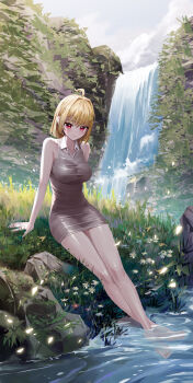1girl absurdres ahoge arm_support bare_arms bare_legs bare_shoulders barefoot blonde_hair blush breasts closed_mouth collared_dress commentary day dress feet flower full_body grass grey_dress hair_intakes highres impossible_clothes impossible_dress isegye_idol jingburger korean_commentary large_breasts legs legs_together looking_at_viewer medium_hair nature outdoors pencil_dress red_eyes river rock shiny_clothes short_dress short_hair sitting sky sleeveless sleeveless_dress smile soaking_feet solo stream taken_samdol10 taut_clothes taut_dress thighs tight_clothes tight_dress toes virtual_youtuber waktaverse water waterfall