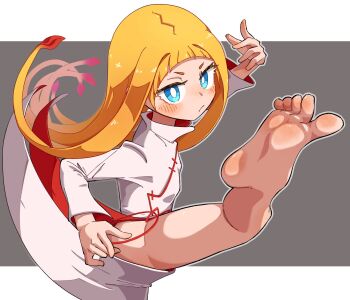 1girl barefoot blonde_hair blue_eyes blush feet high_kick highres kicking long_hair looking_at_viewer mok_orz original soles toes