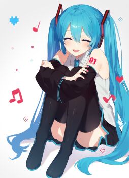 Rule 34 | 1girl, arms up, bare shoulders, black skirt, black thighhighs, blue hair, blue necktie, blue trim, boots, closed eyes, collared shirt, commentary, crossed arms, detached sleeves, facing viewer, full body, grey shirt, hair between eyes, hair ornament, hatsune miku, headphones, heart, highres, hugging own legs, legs up, light blush, long hair, long sleeves, miniskirt, musical note, nail polish, necktie, number tattoo, open mouth, pink nails, pixel heart, shadow, shirt, shoulder tattoo, simple background, sitting, skirt, sleeveless, sleeveless shirt, smile, solo, symbol-only commentary, tattoo, thigh boots, thighhighs, twintails, tyazakura sayu, very long hair, vocaloid, white background