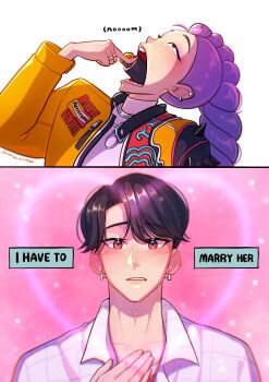 1boy 1girl absurdres aery_orange black_hair blush braid braided_ponytail commentary earrings eating english_commentary english_text food highres jacket jewelry jinu_(kpop_demon_hunters) kpop_demon_hunters makizushi ponytail purple_hair ring rumi_(kpop_demon_hunters) sexually_suggestive short_hair sushi swallowing
