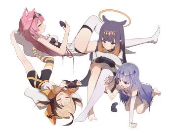 4girls absurdres ahoge animal_ear_fluff animal_ear_hood animal_ears arm_support barefoot black_gloves black_shorts blue_eyes blush breasts bridal_gauntlets brown_hair chest_jewel circlet clenched_hand closed_eyes closed_mouth commentary controller crossed_ankles detached_sleeves diamond_hairband dress fake_animal_ears fang fang_out feet fur-trimmed_collar fur_trim game_controller gem gem_hair_ornament gigi_murin gigi_murin_(1st_costume) gloves goggles goggles_on_head gradient_background gradient_hair halo highres holding holding_controller holding_game_controller hololive hololive_english hood hoodie jewel_under_eye knee_up knees_up koseki_bijou koseki_bijou_(1st_costume) leaning_forward long_hair looking_at_another looking_at_viewer lying medium_breasts mole mole_under_eye multicolored_hair multiple_girls ninomae_ina'nis ninomae_ina'nis_(1st_costume) no_shoes on_back open_mouth orange_hair orange_hood orange_hoodie panther_ears panther_girl pillow pink_hair pointy_ears profile purple_eyes purple_gemstone purple_hair raora_panthera raora_panthera_(1st_costume) reclining seiza seuhu shirt short_hair short_twintails shorts sidelocks simple_background single_bridal_gauntlet single_detached_sleeve single_thighhigh sitting smile striped_clothes striped_thighhighs symbol-only_commentary tentacle_hair thighhighs toes traditional_halo twintails two-tone_hair v-shaped_eyebrows very_long_hair virtual_youtuber white_background white_dress white_shirt white_sleeves white_thighhighs yellow_eyes yellow_halo