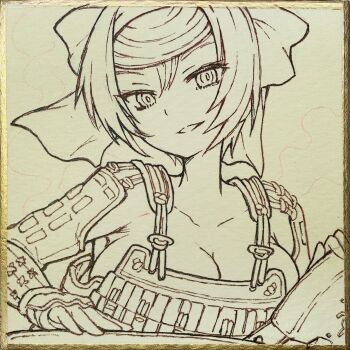 Rule 34 | 1girl, arm guards, arm support, armor, armpit crease, armpits, bow, breasts, cleavage, clothing request, commentary, girls und panzer, girls und panzer ribbon no musha, hair between eyes, hair bow, hatch, highres, japanese armor, japanese clothes, light smile, looking at viewer, looking to the side, medium breasts, nabeyu, paper texture, photo (medium), ribbon, shikishi, sideboob, smile, solo, traditional media, tsurime, tsuruki shizuka, upper body