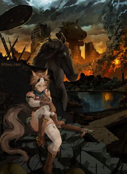 1girl aircraft animal_ears boots brown_boots brown_eyes brown_fur brown_hair brown_shirt brown_shorts brown_tail closed_mouth cloud cloudy_sky commentary cropped_shirt dirigible english_commentary gun highres holding holding_gun holding_weapon horse horse_ears horse_girl horse_tail indie_virtual_youtuber knee_up mana_(manasenshou) multicolored_hair night outdoors pond rifle rubble shirt short_hair shorts sitting sky sleeveless sleeveless_shirt tail thighhighs tomoe_umari tomoe_umari_(1st_costume) umarmy_(tomoe_umari) virtual_youtuber weapon white_hair white_thighhighs
