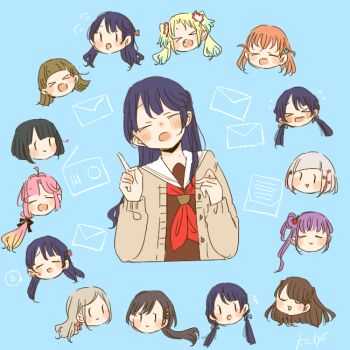 >_< 6+girls :o ;d =_= ahoge black_hair black_ribbon blonde_hair blue_background blue_hair blush bob_cut brown_cardigan brown_dress brown_hair cardigan ceras_yanagida_lilienfeld chibi chibi_inset closed_eyes commentary_request dress facing_viewer flower flying_sweatdrops fujishima_megumi gradient_hair grey_hair hair_bun hair_flower hair_ornament hair_ribbon half_updo hasu_no_sora_school_uniform head_only hinoshita_kaho index_finger_raised jellyfish_cut kachimachi_kosuzu kase_(ks_lys) katsuragi_izumi link!_like!_love_live! long_hair long_sleeves love_live! low_twintails mole mole_on_neck momose_ginko multi-tied_hair multicolored_hair multiple_girls multiple_views murano_sayaka neckerchief one_eye_closed open_cardigan open_clothes open_mouth orange_hair osawa_rurino otomune_kozue pink_ribbon ponytail purple_hair rabbit_hair_ornament red_flower red_neckerchief red_streaks ribbon sailor_collar sailor_dress school_uniform short_hair side_ahoge side_ponytail sidelocks simple_background single_side_bun smile star_(symbol) star_hair_ornament streaked_hair triangle_hair_ornament twintails two_side_up u_u virtual_youtuber white_sailor_collar winter_uniform yugiri_tsuzuri |_|