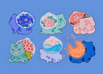 alternate_color alternate_element animal_focus aqua_scales berry blue_background blue_flower blue_scales blue_skin bulbasaur closed_eyes closed_mouth colored_skin commentary constellation creature creature_focus crescent_moon english_commentary fangs flower food food_print forget-me-not_(flower) from_behind fruit fruit_print full_body gen_1_pokemon glowing green_skin highres improvised_fish_tank light_particles liquid meyoco moon nintendo no_humans open_mouth peony_(flower) pink_flower pink_scales pink_skin plant pokemon pokemon_(creature) simple_background sparkle star_(sky) strawberry strawberry_print water