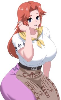 1girl apron artist_request belt blue_eyes breasts cremia female_focus highres huge_breasts long_hair looking_at_viewer malon nintendo pointy_ears red_hair sitting solo the_legend_of_zelda the_legend_of_zelda:_majora's_mask the_legend_of_zelda:_ocarina_of_time triforce