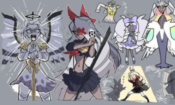 adam_(hazbin_hotel) blonde_hair charlie_morningstar colored_skin cosplay crop_top dress emily_(hazbin_hotel) epaulettes grey_hair grey_skin harime_nui harime_nui_(cosplay) hazbin_hotel hellaverse kill_la_kill kiryuuin_ragyou kiryuuin_ragyou_(cosplay) kiryuuin_satsuki kiryuuin_satsuki_(cosplay) lute_(hazbin_hotel) mankanshoku_mako matoi_ryuuko matoi_ryuuko_(cosplay) multi-tied_hair school_uniform senketsu sera_(hazbin_hotel) suspenders vaggie wjpprbgy1a88720