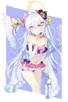 1girl absurdres azusa_(blue_archive) azusa_(swimsuit)_(blue_archive) bare_legs bikini blue_archive bow breasts cleavage cropped_legs crossed_bangs detached_sleeves flower hair_flower hair_ornament hairclip highres holding jewelry long_hair long_sleeves multicolored_bikini navel necklace pink_bikini polka_dot polka_dot_bow purple_bow purple_flower red_eyes remain_atto small_breasts solo standing strapless strapless_bikini striped_bikini striped_clothes swimsuit very_long_hair white_hair white_sleeves yellow_bow