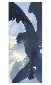 1boy armor black_gloves black_hair black_pants black_wings character_request closed_mouth cloud cloudy_sky copyright_request falling_feathers feathers fingerless_gloves gloves hair_between_eyes highres long_hair looking_at_viewer male_focus pants pink_eyes sky solo t_of_game wings