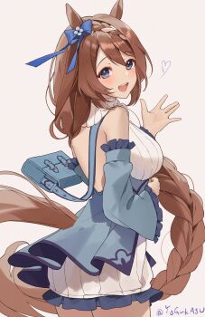 Rule 34 | 1girl, absurdres, animal ears, bag, blue bag, blue eyes, blue jacket, braid, brown hair, clothing cutout, ear ornament, french braid, from behind, heart, highres, horse ears, horse girl, horse tail, jacket, long hair, multicolored hair, open mouth, shoulder bag, simple background, smile, solo, streaked hair, super creek (umamusume), sweater, sweater under jacket, tail, tail through clothes, teeth, turtleneck, turtleneck sweater, twitter username, umamusume, upper teeth only, white background, white hair, white sweater, yogukasu