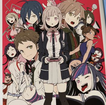 4boys 6+girls :o ahoge akamatsu_kaede apron asahina_aoi black_hair black_nails blonde_hair bow breasts chef_hat closed_mouth commentary_request d: danganronpa:_trigger_happy_havoc danganronpa_(series) danganronpa_2:_goodbye_despair danganronpa_another_episode:_ultra_despair_girls danganronpa_v3:_killing_harmony dark-skinned_female dark_skin ear_bow fukawa_toko hanamura_teruteru handheld_game_console hat highres hinata_hajime holding holding_handheld_game_console imigimuru index_finger_raised large_breasts long_hair long_sleeves looking_at_viewer mioda_ibuki monomi_(danganronpa) multiple_boys multiple_girls naegi_komaru naegi_makoto nanami_chiaki nurse one-piece_swimsuit open_mouth pink_hair pink_shirt pink_sweater_vest puffy_short_sleeves puffy_sleeves red_background saihara_shuichi school_uniform shirt short_hair short_sleeves smile sweat sweater_vest swimsuit tsumiki_mikan white_apron white_hair