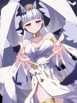 1girl animal_ears blunt_bangs blush breasts brown_hat cleavage dress earmuffs gold_ship_(umamusume) grey_hair hat highres horse_ears horse_girl koroeda6 large_breasts long_hair parted_lips reaching reaching_towards_viewer red_eyes sleeveless sleeveless_dress solo umamusume white_dress wings