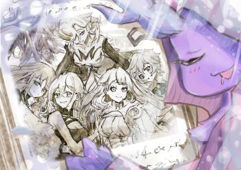 Rule 34 | absurdres, astellar of the white forest, breasts, cleavage, commentary request, detached sleeves, diabellstar the black witch, dress, duel monster, green eyes, green hair, grey eyes, grey hair, highres, large breasts, long hair, medium hair, multicolored hair, multiple girls, noppe, photo (object), picture frame, smile, witch, yu-gi-oh!