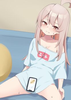 1girl :i absurdres ahoge blush breasts brown_eyes collarbone commentary highres hot indoors long_hair looking_at_viewer mk_r1808 no_pants onii-chan_wa_oshimai! oversized_clothes oversized_shirt oyama_mahiro pink_hair shirt short_sleeves single_bare_shoulder single_off_shoulder sitting small_breasts solo sweat t-shirt white_shirt