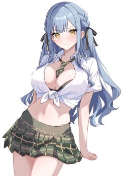 1girl adapted_costume amesuku_gyaru arms_at_sides bang_dream! bang_dream!_it&#039;s_mygo!!!!! between_breasts bikini bikini_under_clothes black_bikini black_ribbon blush braid breasts clenched_hand closed_mouth collared_shirt commentary_request commission crop_top diagonal-striped_clothes diagonal-striped_necktie green_necktie green_skirt grey_hair gyaru hair_ribbon haneoka_school_uniform highres houji_tea_latte kogal large_breasts long_hair looking_at_viewer midriff miniskirt navel necktie necktie_between_breasts nose_blush plaid_clothes plaid_skirt ribbon school_uniform shirt short_sleeves simple_background skeb_commission skirt solo standing stomach striped_clothes striped_ribbon sweat swimsuit tied_shirt togawa_sakiko twin_braids two_side_up v-shaped_eyebrows wavy_hair white_background yellow_eyes