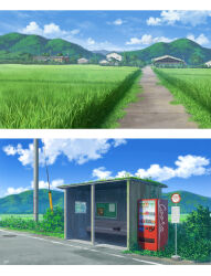 absurdres blue_sky bus_stop bus_stop_sign bush cloud cloudy_sky farm highres no_humans original path pei_(sumurai) plant road rural scenery sky sunlight utility_pole vending_machine