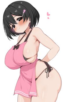 Rule 34 | 1girl, apron, bikini, bikini under apron, black eyes, black hair, blush, bow, bowtie, breasts, commentary request, flower hairpin, heart, highres, huge breasts, looking at viewer, mole, mole under eye, original, ransusan, short hair, side-tie bikini bottom, simple background, skindentation, smile, solo, swimsuit, thick thighs, thighs, tying apron, white background