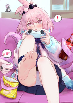 ! 2girls absurdres arknights barefoot black_nails blue_hair blue_skirt chips_(food) cola colored_tips controller couch feet fingernails food foot_focus game_controller gamepad highres holding holding_controller holding_game_controller infection_monitor_(arknights) jacket kirara_(arknights) long_fingernails long_sleeves miniskirt multicolored_hair multiple_girls nail_polish on_couch open_mouth panties pink_eyes pink_hair pink_jacket plastic_bottle playing_games potato_chips puffy_long_sleeves puffy_sleeves remote_control remote_control_vibrator runyo_(yale12312) sex_toy short_hair sitting skirt soles speech_bubble spoken_exclamation_mark sweat tentacles toes two-tone_hair u-official_(arknights) underwear utage_(arknights) vibrator vibrator_under_clothes vibrator_under_panties white_panties wireless_sex_toy_controller