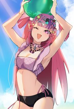 Rule 34 | 1girl, armpits, arms up, ball, beachball, bead necklace, beads, bikini, black shorts, blue sky, breasts, checkered clothes, cleavage, collar, commentary, demon girl, demon horns, english commentary, hair ornament, heart, heart-shaped pupils, heart hair ornament, highres, holding, holding ball, holding beachball, horns, indie virtual youtuber, ironmouse, jewelry, lollipop hair ornament, long hair, looking at viewer, medium breasts, multicolored hair, navel, necklace, one eye closed, open mouth, pink hair, purple hair, purple streaks, rabbit hair ornament, shorts, sky, smile, spiked collar, spikes, star (symbol), star hair ornament, streaked hair, swimsuit, symbol-shaped pupils, twintails, virtual youtuber, x hair ornament, yncs 54
