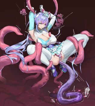 1girl anal armpits arms_up blue_eyes blue_panties breasts cleavage cleavage_cutout clenched_teeth clothing_cutout commentary_request double_penetration dress elbow_gloves female_ejaculation genderswap genderswap_(mtf) gloves hair_ornament heart high_heels highres huge_breasts large_breasts long_hair magical_girl natsume_kaoru otome_ginsei_lumiphonia panties personality_excrement purple_hair restrained rolling_eyes slime_(substance) solo spread_legs tamamonekor teeth tentacle_sex tentacles tentacles_under_clothes thighhighs tiara trembling twintails twitching underwear vaginal very_long_hair white_gloves white_thighhighs