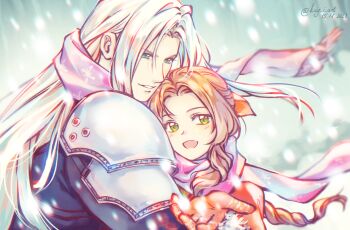 1boy 1girl aerith_gainsborough aqua_eyes armor black_jacket blush braid brown_hair final_fantasy final_fantasy_vii final_fantasy_vii_remake green_eyes jacket kay-i open_mouth pink_scarf red_glove red_jacket ribbon scarf sephiroth shared_clothes shared_scarf shoulder_armor silver_hair snow snowing square_enix straight_hair wavy_hair