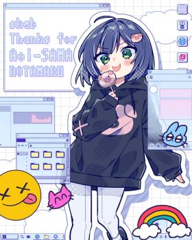 1girl ahoge animal-themed_food black_hoodie blue_hair blush_stickers candy character_request closed_mouth commentary commission drawstring feet_out_of_frame food green_eyes grid_background highres holding holding_candy holding_food holding_lollipop hood hood_down hoodie indie_virtual_youtuber lollipop long_sleeves looking_at_viewer making-of_available microsoft_windows notamaru_2 outline pig_hair_ornament rainbow short_hair skeb_commission smile solo taskbar tongue tongue_out virtual_youtuber white_background white_outline window_(computing) windows_11