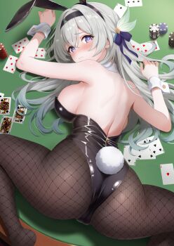 1girl alternate_costume animal_ears ass bare_back bare_shoulders black_leotard breasts brown_pantyhose card closed_mouth commentary_request fake_animal_ears fake_tail firefly_(honkai:_star_rail) fishnet_pantyhose fishnets from_behind grey_hair hair_between_eyes honkai:_star_rail honkai_(series) komugirakko leotard long_hair looking_at_viewer looking_back lying medium_breasts on_stomach pantyhose playboy_bunny purple_eyes rabbit_ears rabbit_tail sideboob solo tail zipper