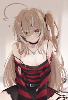 1girl ahoge asymmetrical_bangs belt between_legs black_belt black_camisole black_choker black_hair black_ribbon black_skirt black_sweater blurry blurry_background breasts brown_eyes brown_hair camisole choker cleavage closed_mouth commentary emo_fashion english_commentary hair_over_one_eye hair_ribbon hand_between_legs heart heart_choker highres hololive hololive_english huge_ahoge indoors jewelry lace-trimmed_choker lace_trim large_breasts long_bangs looking_at_viewer miniskirt multicolored_hair nanashi_mumei nanashi_mumei_(emo) narukahana necklace o-ring o-ring_thigh_strap official_alternate_costume official_alternate_hairstyle one_side_up pendant_choker pleated_skirt red_sweater ribbon sidelocks sitting skirt solo strap_slip streaked_hair striped_clothes striped_sweater sweater sweater_tucked_in thigh_strap torn_camisole torn_clothes torn_sweater vertical-striped_clothes virtual_youtuber white_hair