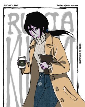 1girl absurdres black_hair bleach bleach:_epilogue blue_pants breasts brown_coat character_name coat commentary cowboy_shot cup denim disposable_coffee_cup disposable_cup english_commentary folder grey_sweater highres holding holding_cup holding_folder jeans kuchiki_rukia limited_palette low_ponytail medium_breasts nekoranten pants ponytail purple_eyes solo sweater turtleneck turtleneck_sweater twitter_username