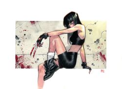 Rule 34 | 1girl, animification, black hair, blood, claws, dike ruan, gloves, highres, long hair, looking at viewer, marvel, shoes, shorts, solo, sports bra, superhero costume, x-23, x-men
