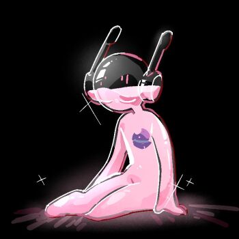 1boy black_background closed_eyes five_pebbles fleshbird glass iterator_(rain_world) liquid male_focus mass_rarefaction_cell_(rain_world) on_ground pink_liquid rain_world robot see-through_body see-through_clothes sparkle transparent