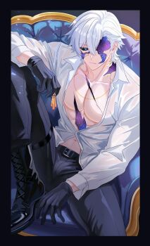 1boy abs belt black_belt black_gloves black_pants black_sclera blue_eyes colored_sclera cracked_skin earrings flame_reaver_of_the_deepest_dark gloves gold_earrings hashtag-only_commentary highres holding_earrings honkai:_star_rail honkai_(series) jewelry leg_up male_focus michowow navel neck_tattoo pants partially_unbuttoned phainon_(honkai:_star_rail) see-through_clothes see-through_shirt shirt short_hair solo sun_symbol sun_tattoo tan tattoo toned toned_male wet wet_clothes wet_shirt white_hair
