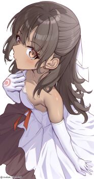1girl absurdres blush breasts brown_eyes brown_hair collarbone commentary_request dark-skinned_female dark_skin dress elbow_gloves fate/strange_fake fate_(series) from_above gloves highres long_hair looking_at_viewer parted_lips partial_commentary simple_background sleeveless sleeveless_dress small_breasts solo strapless strapless_dress tine_chelc toukan white_background white_dress white_gloves