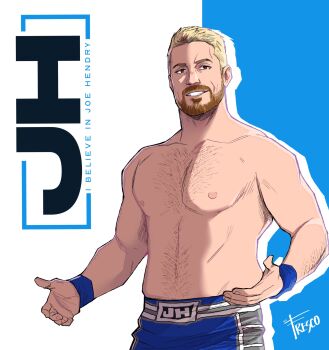 1boy beard blonde_hair blue_background brown_eyes character_name commentary english_commentary english_text facial_hair federico_freschi grin highres joe_hendry looking_at_viewer male_focus short_hair signature smile solo total_nonstop_action_wrestling two-tone_background upper_body white_background wrestler wristband