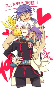 1girl 1other 2boys allen_walker arm_around_neck arm_ribbon armpits badge bare_arms bare_shoulders belt black_coat black_nails black_order_uniform black_pants blue_hair blue_ribbon blue_shoes blush chain chin_rest closed_eyes coat creature creature_on_hand cross d.gray-man dress facial_mark facing_another facing_viewer gloves gold_chain golem_(d.gray-man) grey_eyes hair_between_eyes hand_on_another&#039;s_hand hand_on_another&#039;s_waist head_on_another&#039;s_shoulder head_on_head head_rest heart hug hug_from_behind hug_from_side leg_lock leg_ribbon long_hair looking_at_viewer low_ponytail mature_male messy_hair military military_uniform mizuto_(o96ap) mole mole_under_eye multiple_boys noah_(d.gray-man) open_mouth pants parted_lips ponytail pout purple_hair ribbon road_kamelot scar scar_on_arm shirt shoes short_dress short_hair sidelocks simple_background sleeveless sleeveless_shirt smile spiked_hair star_(symbol) star_facial_mark striped_coat sweat sweatdrop tail timcanpy tyki_mikk vertical-striped_coat white_background white_dress white_gloves white_hair white_pants white_shirt wings