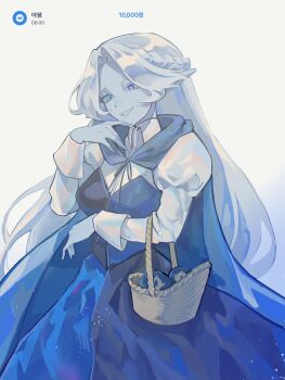 Rule 34 | 1girl, aqua sclera, asymmetrical eyelashes, basket, blue dress, blue eyes, blue skin, cloak, colored sclera, colored skin, cookie run, cookie run: kingdom, disguise, dress, flower basket, heterochromia, highres, holding, holding basket, humanization, hyuni7777, long hair, long sleeves, looking at viewer, shadow milk cookie, shadow milk cookie (female), simple background, slit pupils, smile, solo, very long hair, white hair