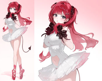 Rule 34 | 1girl, absurdres, akane lize, alternate costume, ballet slippers, black bow, black gloves, bow, breasts, clothing cutout, commentary, demon tail, dress, glove bow, gloves, grey eyes, hair bow, hair ornament, hairclip, hands up, highres, large breasts, leather, leather gloves, long hair, looking at viewer, mole, mole under eye, multiple views, navel, navel cutout, parted lips, raised inner eyebrows, red hair, stellive, symbol-only commentary, tail, thumbsup stella, tiptoes, tutu, two side up, virtual youtuber, white dress