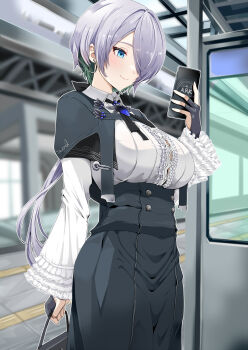 1girl bag black_capelet black_ribbon black_skirt blue_eyes blurry blurry_background breasts brid_(model_worker)_(nikke) brid_(nikke) brooch button_gap buttons capelet cellphone closed_mouth collared_shirt commentary earrings eyeshadow floating_earrings frilled_shirt frilled_sleeves frills gloves goddess_of_victory:_nikke grey_hair hair_between_eyes hair_over_one_eye high-waist_skirt highres holding holding_bag holding_phone jewelry komaki_mk2 large_breasts long_hair long_skirt looking_at_phone makeup neck_ribbon official_alternate_costume outdoors partially_fingerless_gloves phone red_eyeshadow ribbon shirt sidelocks skirt smartphone smile solo standing tactile_paving train_station train_station_platform white_shirt