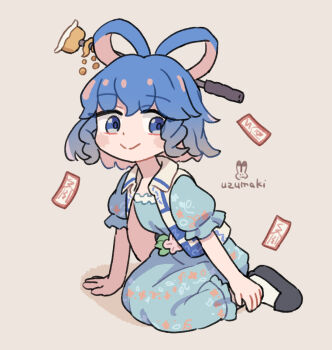 Rule 34 | 1girl, black shoes, blue dress, blue eyes, blue hair, blue vest, blush stickers, closed mouth, collared vest, commentary request, dress, full body, hair ornament, hair rings, hair stick, kaku seiga, ofuda, open clothes, open vest, shoes, short hair, short sleeves, signature, simple background, sitting, smile, socks, solo, touhou, uzumaki osushi, vest, white background, white socks