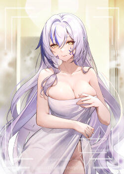Rule 34 | 1girl, absurdres, bare shoulders, bathroom, bilibili username, blue hair, border, breasts, chinese commentary, cleavage, closed eyes, collarbone, commentary request, facial mark, groin, hair between eyes, hand up, highres, indoors, large breasts, long hair, looking at viewer, multicolored hair, naked towel, original, purple hair, q18607, shower (place), sidelocks, single hair intake, smile, solo, standing, steam, streaked hair, thighs, towel, very long hair, watermark, wet, yellow eyes
