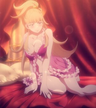 1girl anime_screenshot babydoll bed blonde_hair blue_eyes blush breasts cleavage collarbone highres jewelry kekkon_yubiwa_monogatari large_breasts long_hair looking_at_viewer nonaka_himeno on_bed panties pink_babydoll pink_panties ring sidelocks smile stitched thighs third-party_edit underwear wedding_ring wide_hips