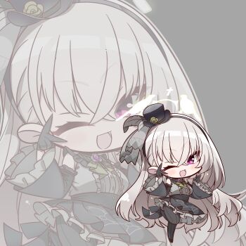 1girl ;d absurdres ascot black_dress black_gloves black_hairband black_hat black_pantyhose blue_archive blush center_frills chibi chibi_only commentary_request crossed_bangs detached_sleeves dress flower frilled_dress frilled_sleeves frills full_body gloves green_ascot green_flower green_rose grey_background grey_dress grey_hair hair_between_eyes hairband hands_up happy hat hat_feather hat_flower highres idol idol_clothes long_hair long_sleeves looking_at_viewer nckak9rjjdjff4e official_alternate_costume one_eye_closed open_mouth outline pantyhose purple_eyes rose sakurako_(blue_archive) sakurako_(idol)_(blue_archive) simple_background sleeveless sleeveless_dress smile solo standing standing_on_one_leg striped_clothes striped_pantyhose top_hat two-tone_dress v v_over_eye vertical-striped_clothes vertical-striped_pantyhose very_long_hair white_outline wide_sleeves zoom_layer
