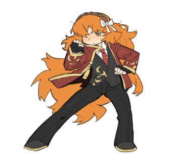 1girl black_pants black_shoes black_vest bow collared_shirt commentary_request fingerless_gloves gloves gold_trim green_eyes ishmael_(project_moon) jacket kgdjeisk limbus_company liu_association_south_uniform long_hair orange_hair pants project_moon red_jacket shirt shoes simple_background solo tie_clip very_long_hair vest white_background white_bow white_shirt