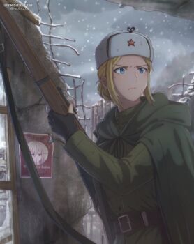 1girl absurdres artist_name belt black_gloves blonde_hair blue_eyes bolt_action brown_belt cloak closed_mouth commentary fingerless_gloves german_text gloves green_cloak green_jacket gun gun_sling hair_bun hammer_and_sickle hat highres holding holding_gun holding_weapon jacket kepincox long_sleeves looking_to_the_side military military_jacket military_uniform mosin-nagant original poster_(object) red_star rifle ruins russia sidelocks snow snowing solo soviet soviet_army star_(symbol) upper_body ushanka weapon white_hat world_war_ii