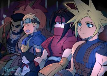 5boys armor barret_wallace black_hair blonde_hair blue_eyes blue_jacket cait_sith_(final_fantasy) cid_highwind cloak closed_mouth cloud_strife dark-skinned_male dark_skin final_fantasy final_fantasy_vii gaijin_4koma_(meme) goggles goggles_on_head hashtag-only_commentary highres jacket long_hair low_poly male_focus meme mochi_mangaka multiple_boys open_mouth red_cloak red_eyes red_xiii saliva short_hair shoulder_armor signature sitting sleeping spiked_hair sunglasses sweater the_game_awards turtleneck turtleneck_sweater twitter_username vincent_valentine