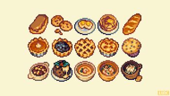apple_pie artist_name baguette blueberry_muffin blueberry_pie bread butter cake chocolate_chip_cookie commentary cookie cooking_pot eclair_(food) english_commentary food food_focus food_request food_wrapper fried_egg maple_syrup no_humans pancake pancake_stack pie plate pumpkin_pie simple_background soup sprite_art stardew_valley thisislux watermark yellow_background