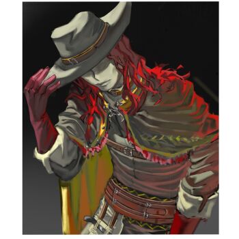 1boy aleph_(reverse:1999) black_background black_cape black_hat black_jacket cape covered_face gloves grey_mask hand_on_headwear hat highres jacket leaning_forward long_hair male_focus merlin_(reverse:1999) red_gloves red_hair reverse:1999 solo syun_(ashenaurora) upper_body