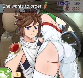 1boy 1girl ass ass_focus bare_shoulders blue_eyes brown_hair car_interior car_seat carrot closed_mouth dress english_text fake_phone_screenshot fake_screenshot from_behind gluteal_fold green_hair he_wants_to_order_(meme) highres kid_icarus kid_icarus_uprising lepypepy meme nintendo palutena patreon_username pit_(kid_icarus) shoulder_blades skindentation snapchat sweatdrop thick_thighs thighhighs thighs user_interface watermark web_address white_dress white_thighhighs