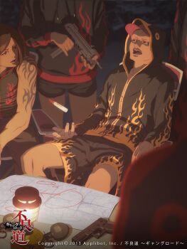 2013 4boys baseball_cap character_request check_commentary commentary_request commission flame_print furyou_michi_~gang_road~ gun hat holding holding_gun holding_weapon hood hood_up male_focus multiple_boys nona official_art short_hair shorts weapon
